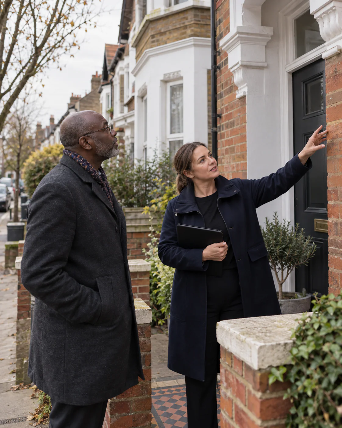 Landlord shaking hands with a property manager outside a well-kept Victorian terrace