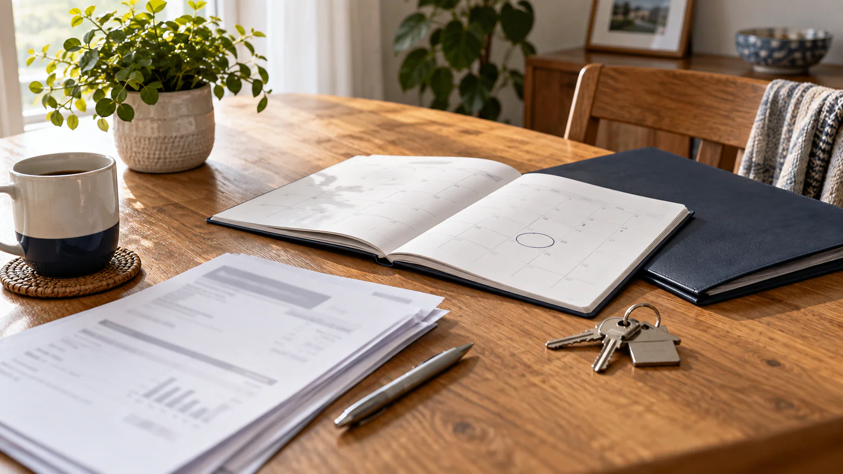 Calendar, property statement and keys arranged on a landlord's table