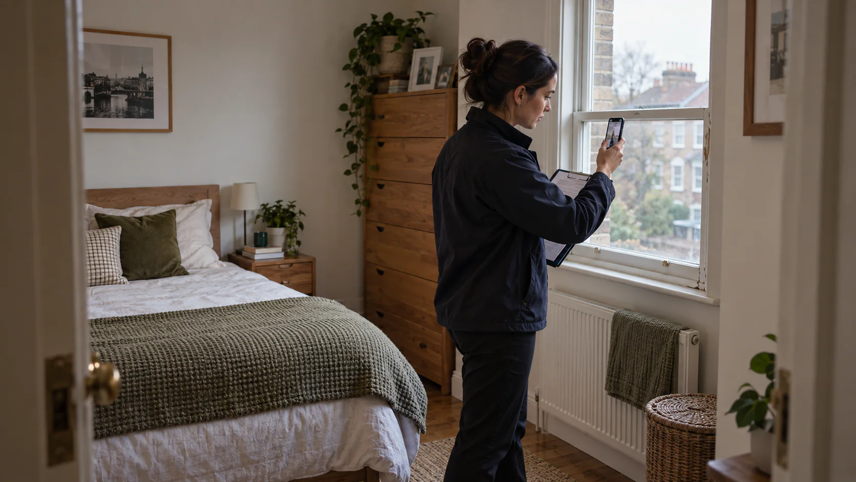 Property manager photographing a window during a mid-tenancy inspection