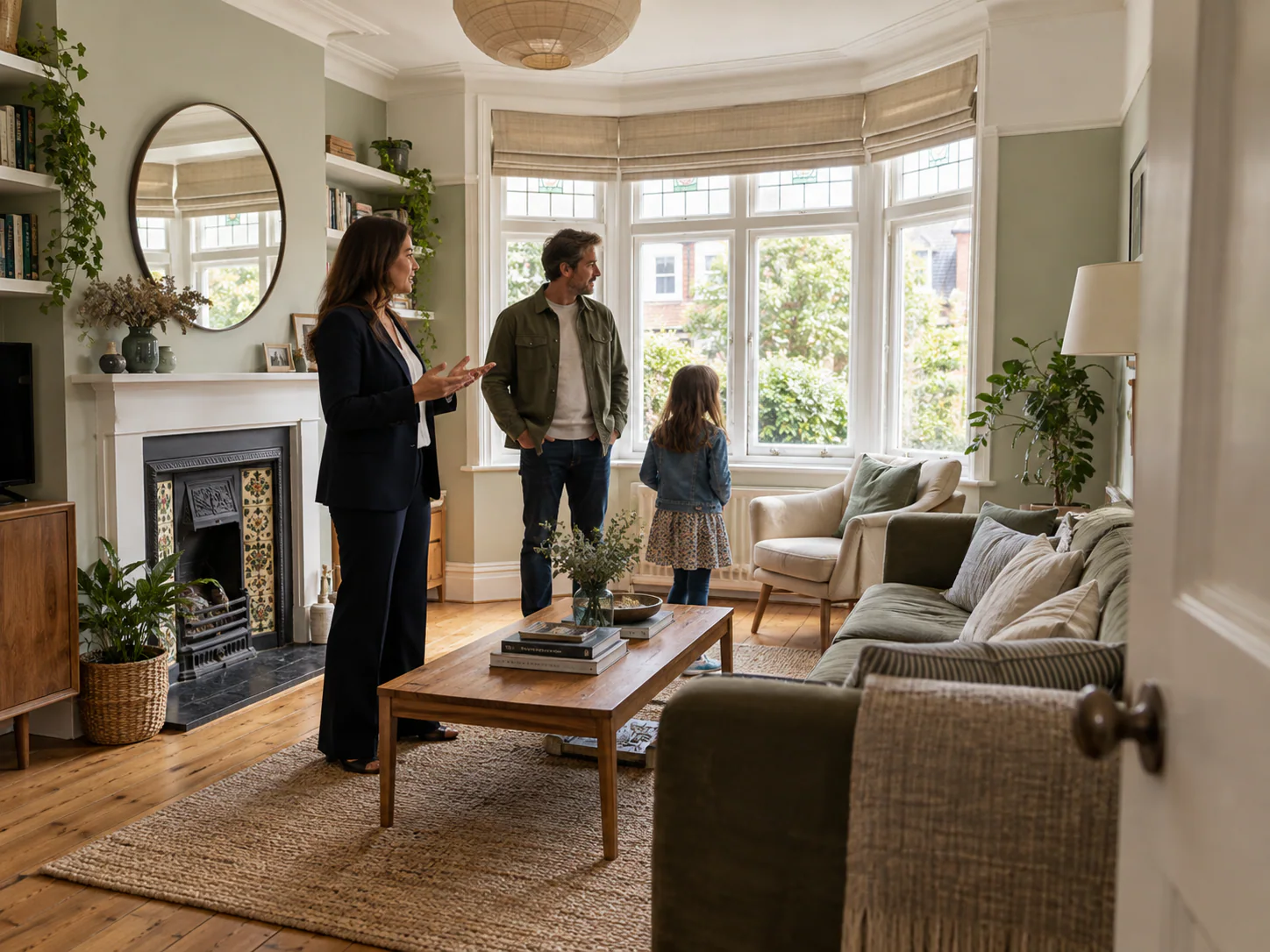 Agent showing a family around a bright living room during a viewing