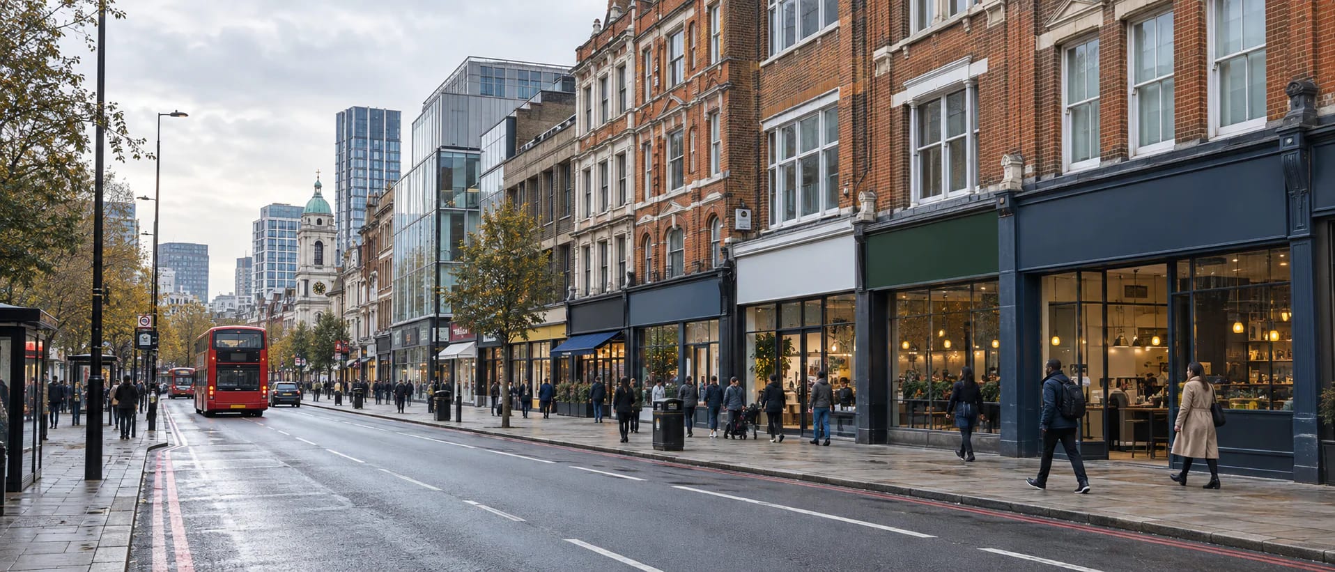 Modern shopfronts and offices on a busy Croydon high street