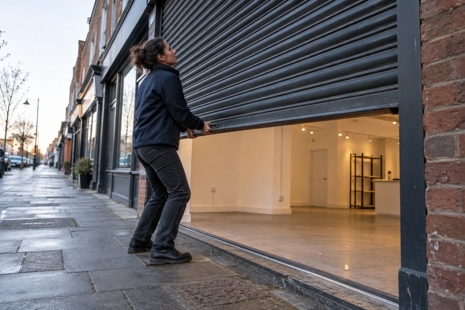 Business owner unlocking the shutter of a new shop unit