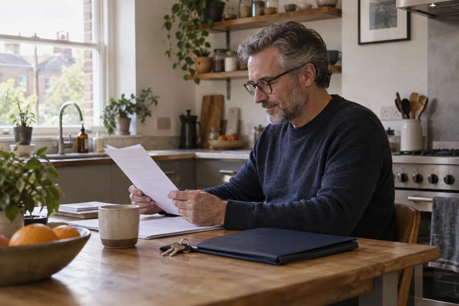 Landlord reviewing a guaranteed rent agreement at a kitchen table