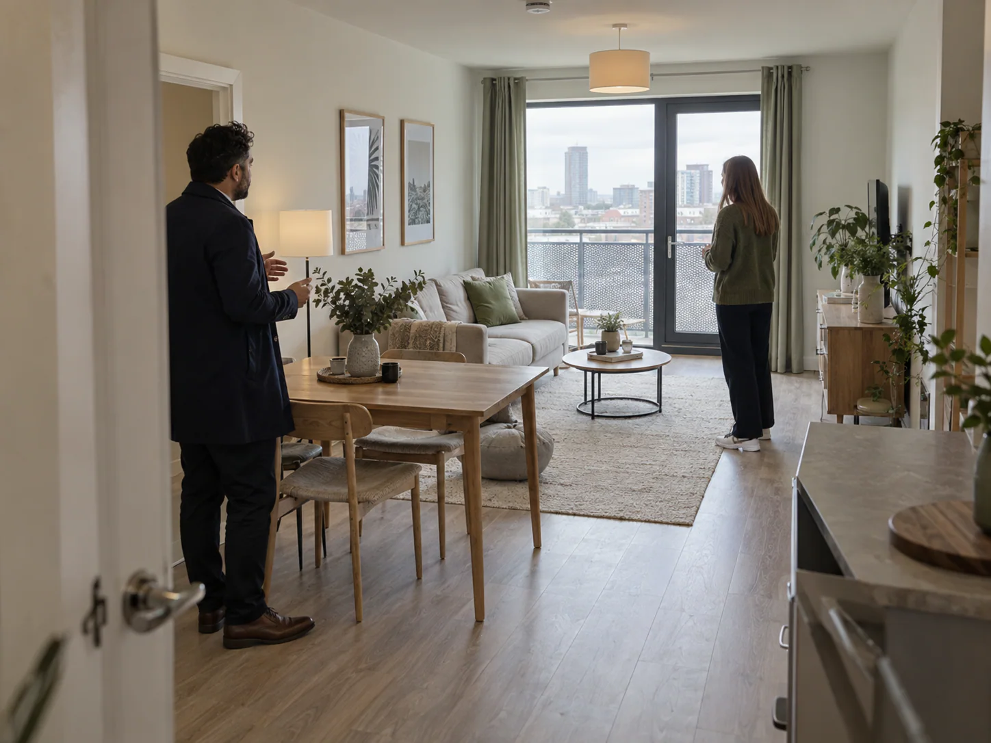 Agent conducting a viewing of a furnished flat with a prospective tenant