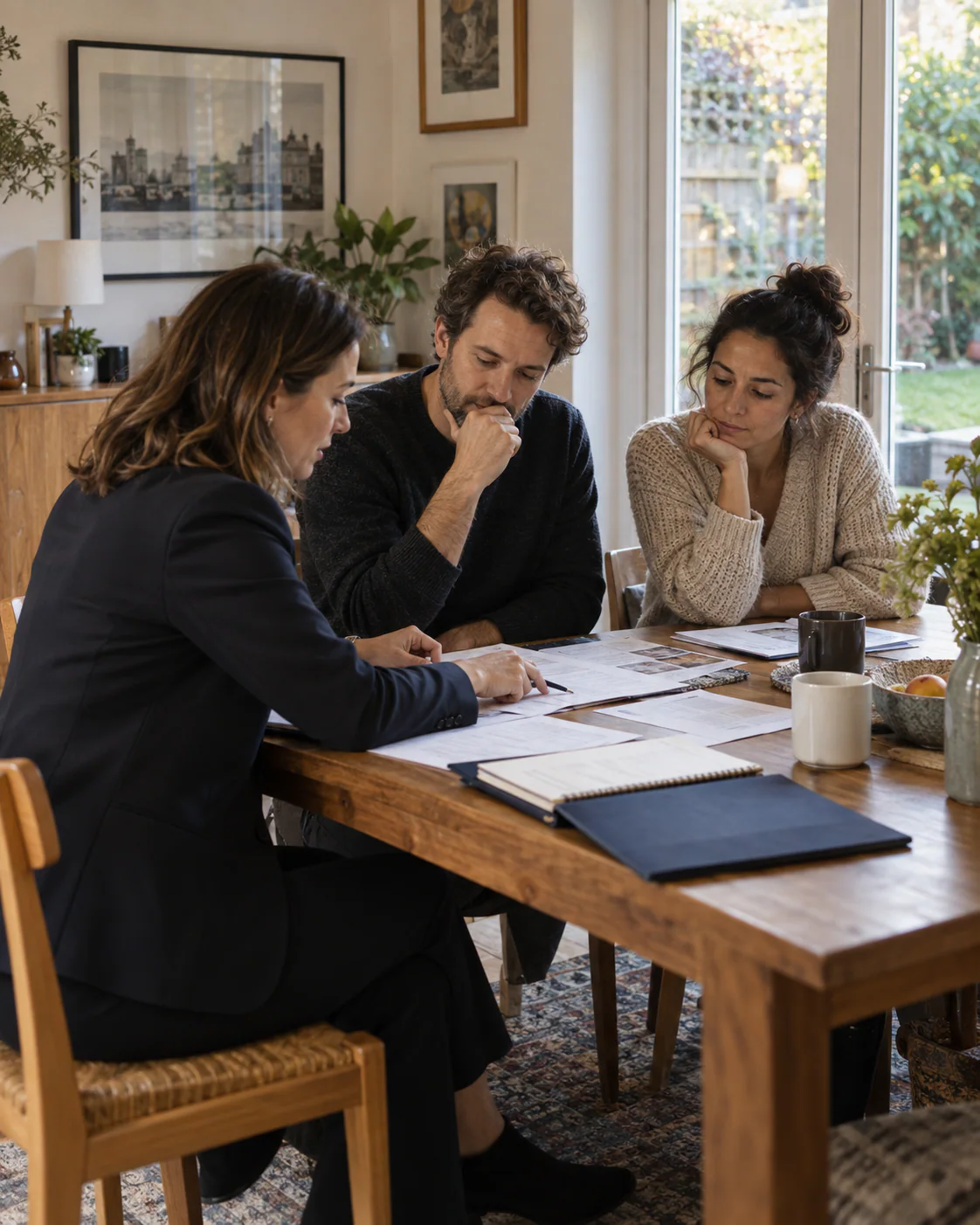 Agent and sellers reviewing offers at a dining table