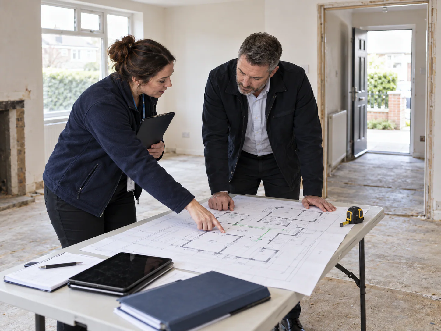 Care provider and property manager reviewing a floor plan together