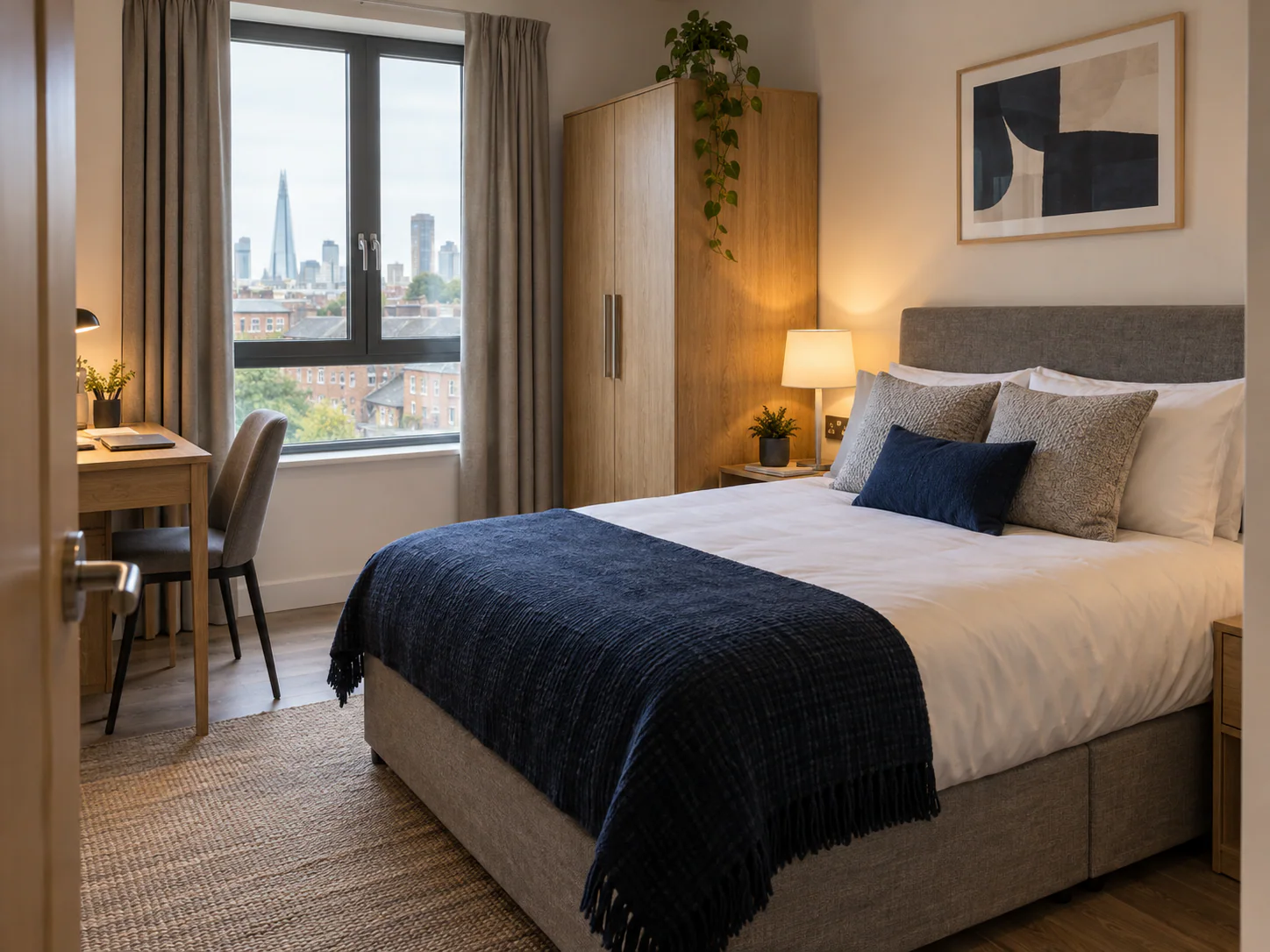 Furnished serviced apartment bedroom with hotel-standard presentation