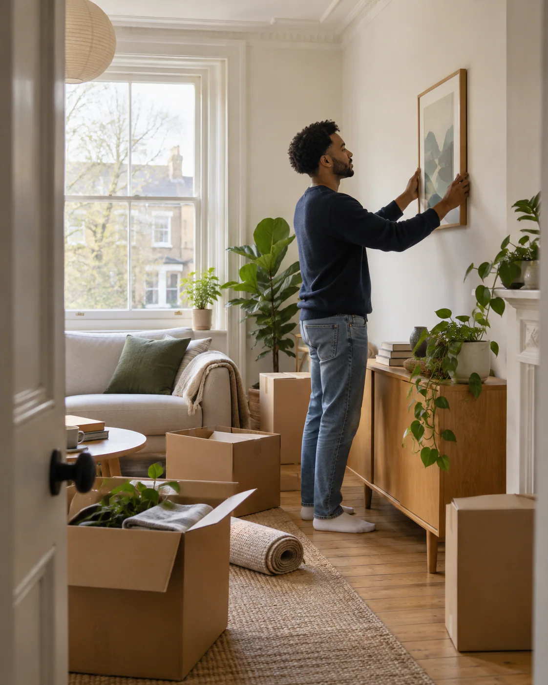 Tenant smiling while unpacking in a bright, newly rented flat