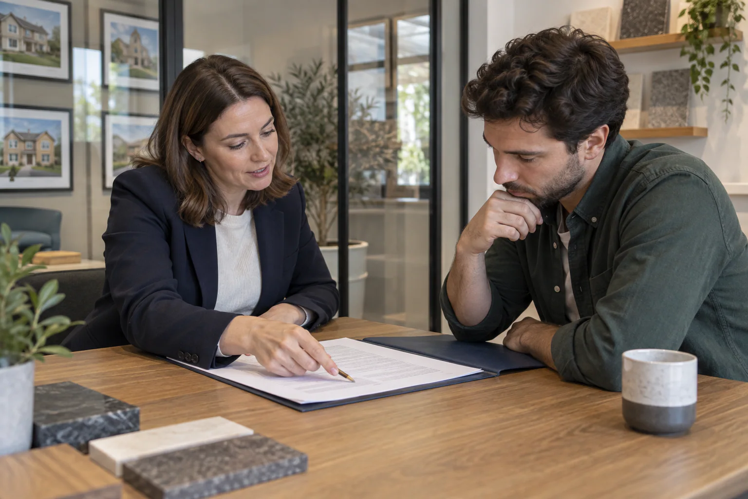 Tenant reading the tenancy agreement with an agent