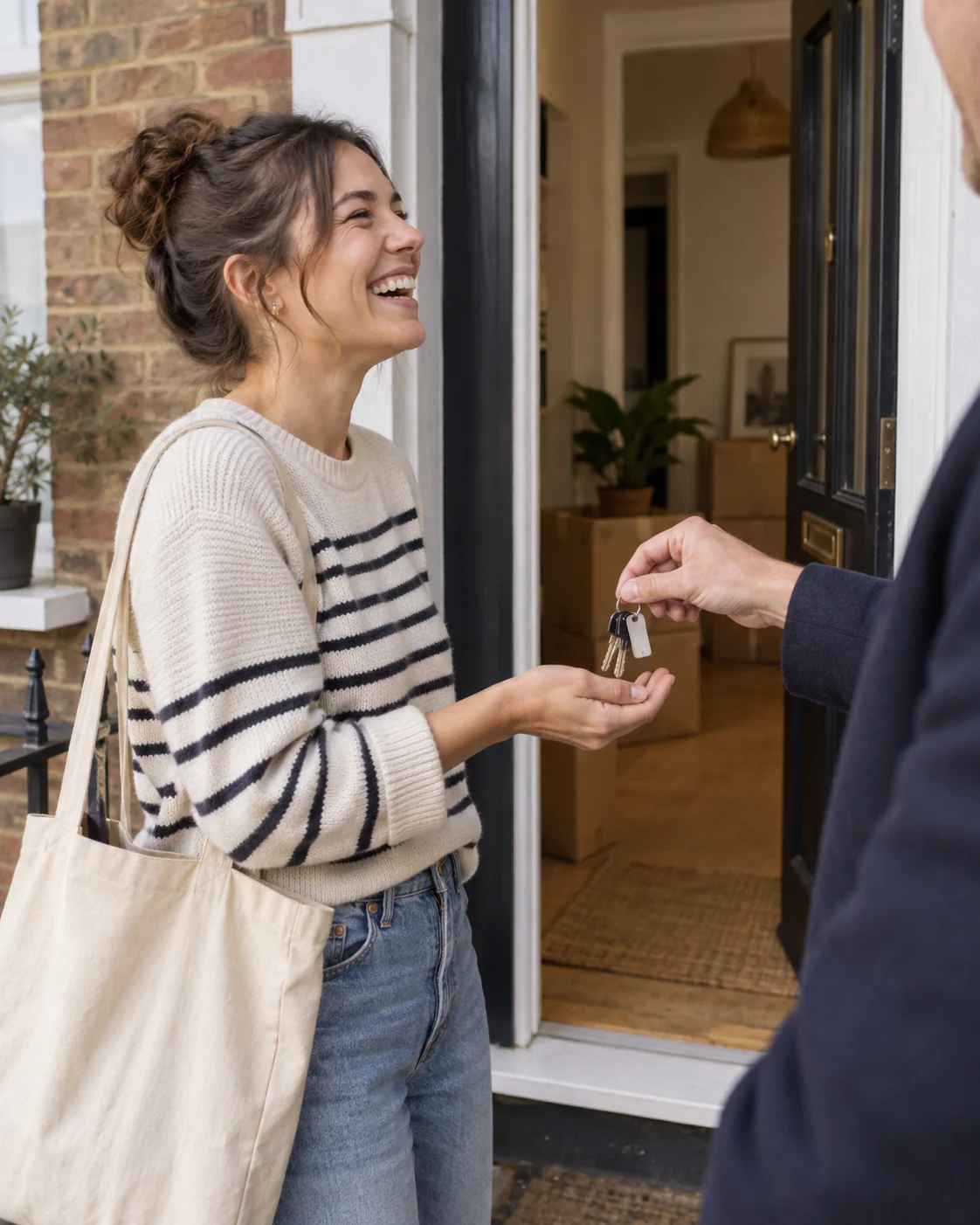 Buyer receiving keys from an agent on completion day