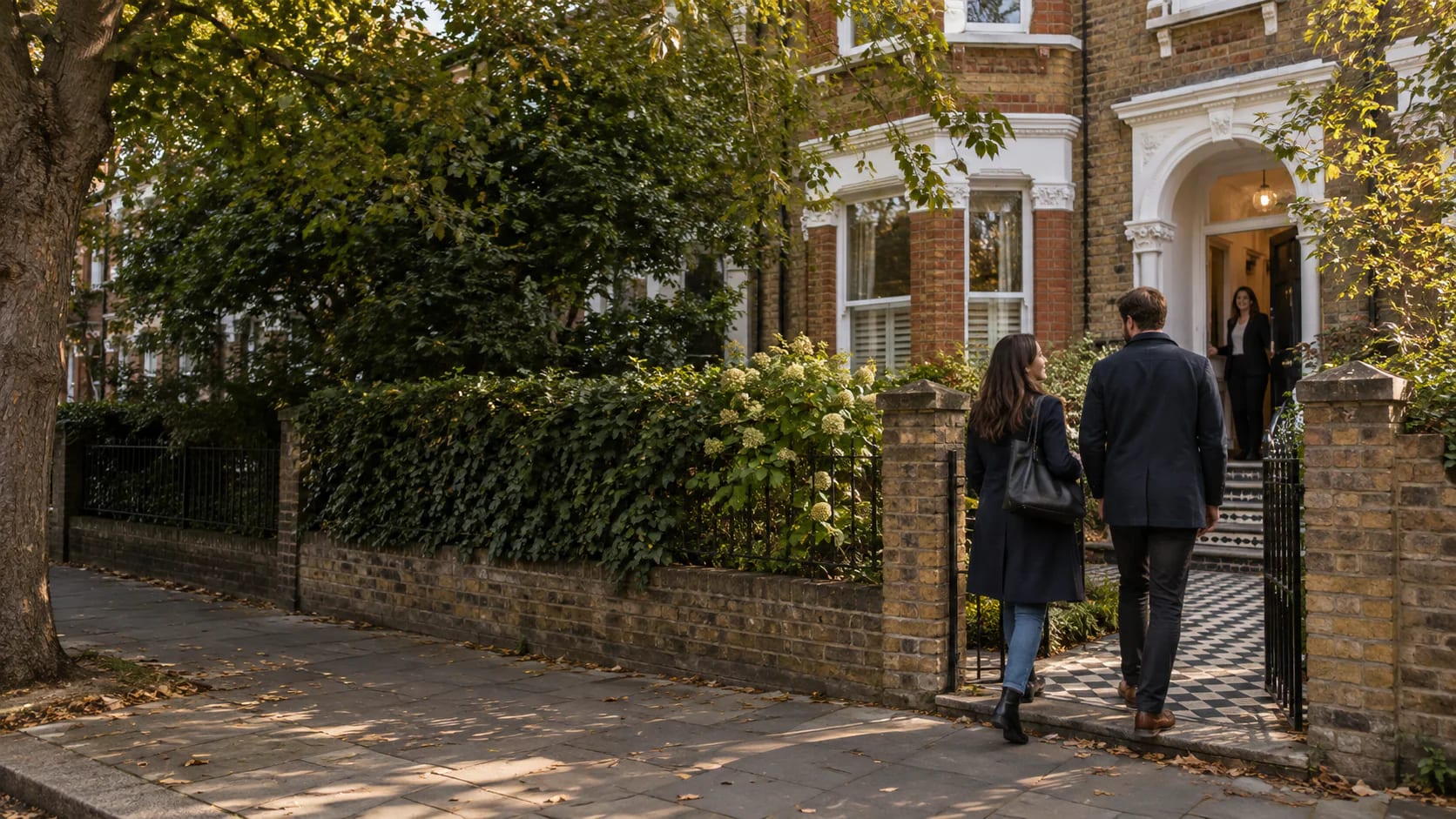 Couple standing outside a period house they are about to view