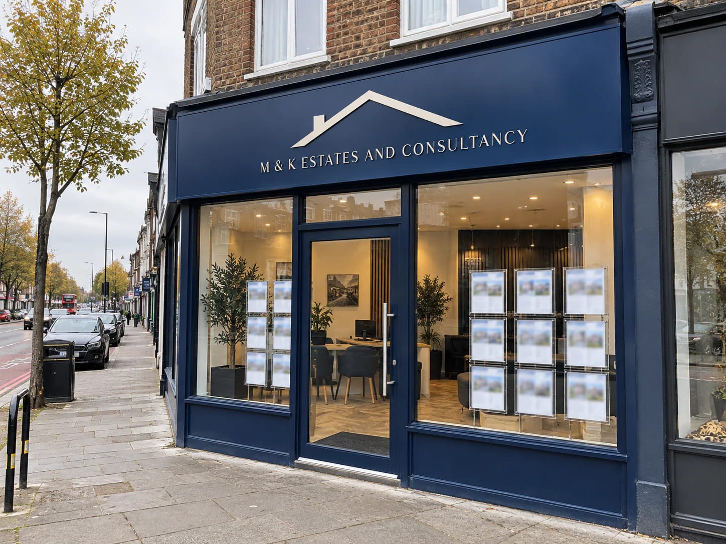 Illustrative M & K estate agency frontage on Purley Way