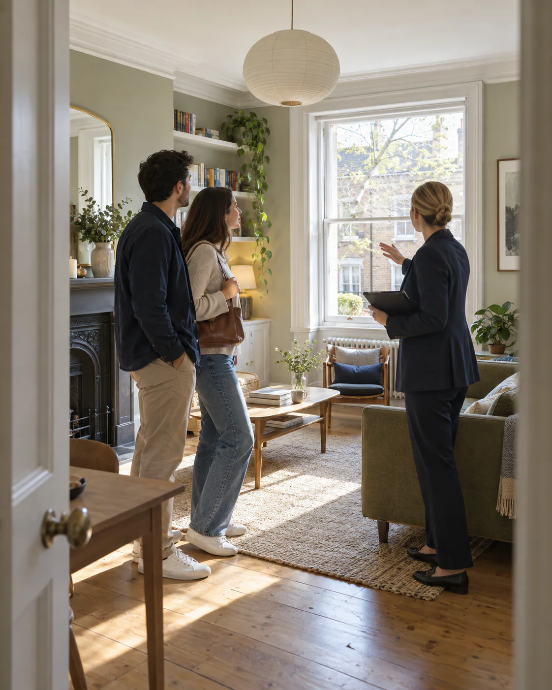 Young couple viewing a bright apartment with an agent