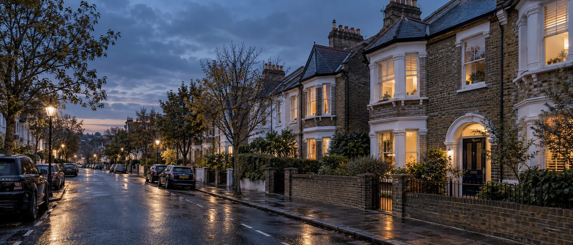A classic Greater London residential street at dusk with warm light glowing from the windows