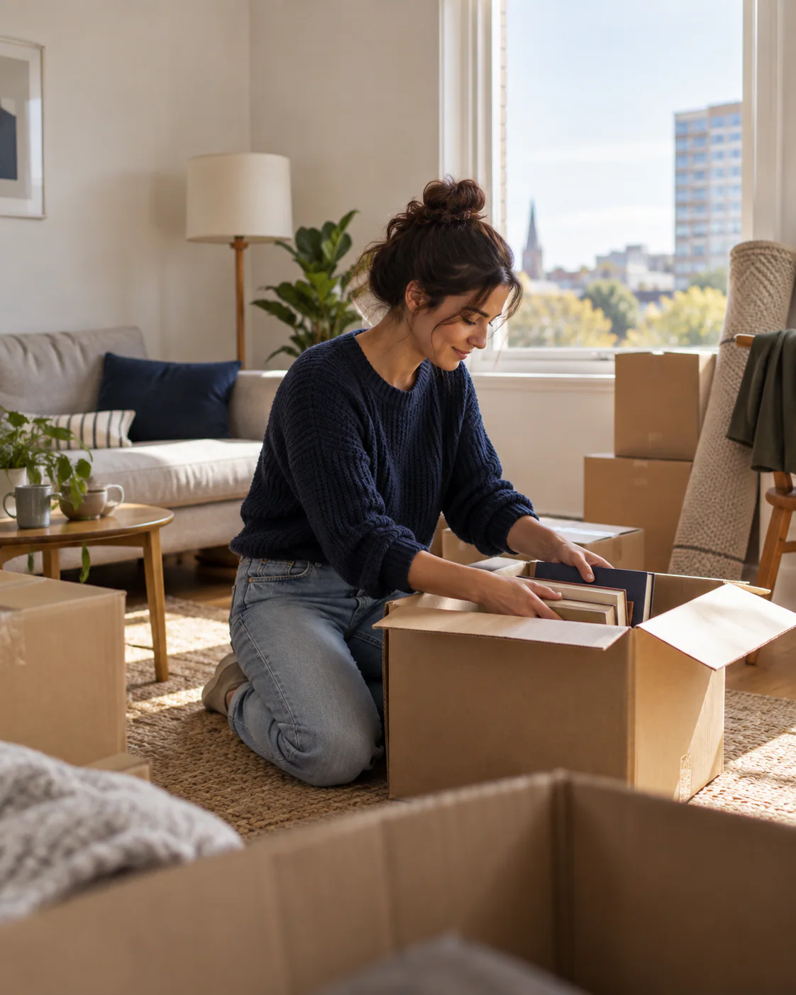Tenant unpacking books in a newly rented flat