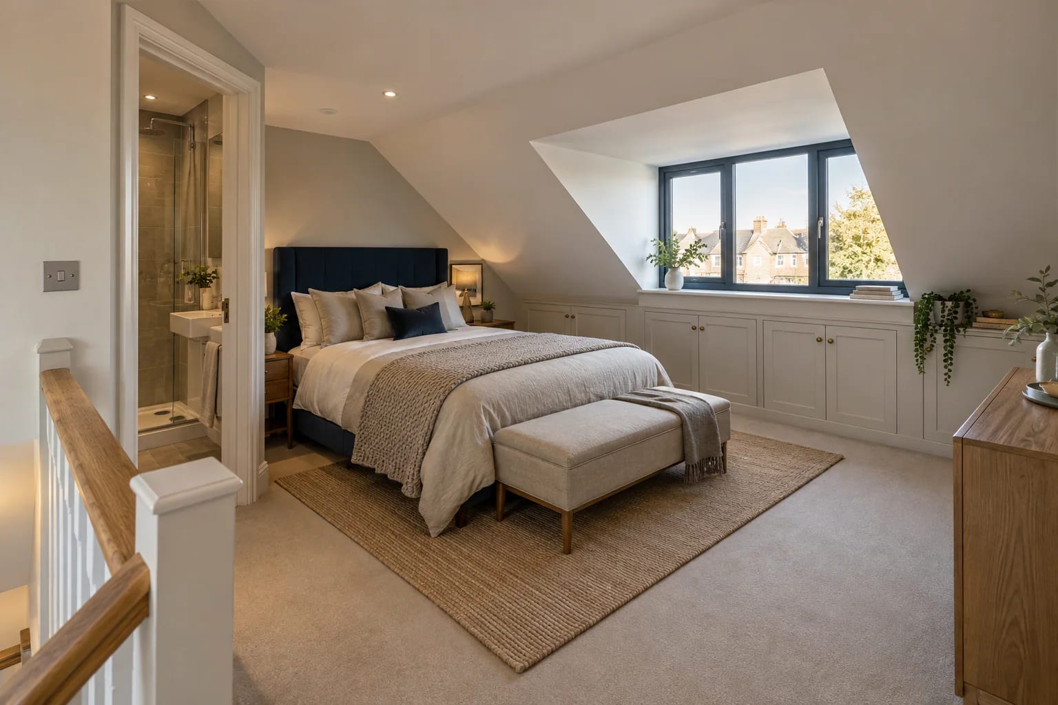 Loft conversion bedroom with dormer window and built-in storage
