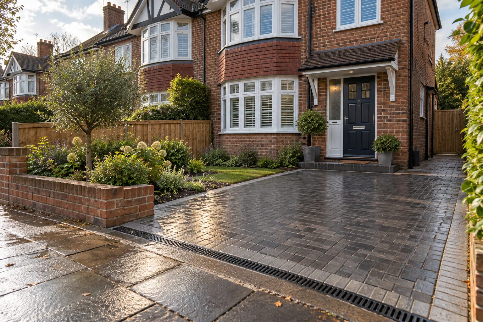 Freshly landscaped front garden with new block-paved driveway