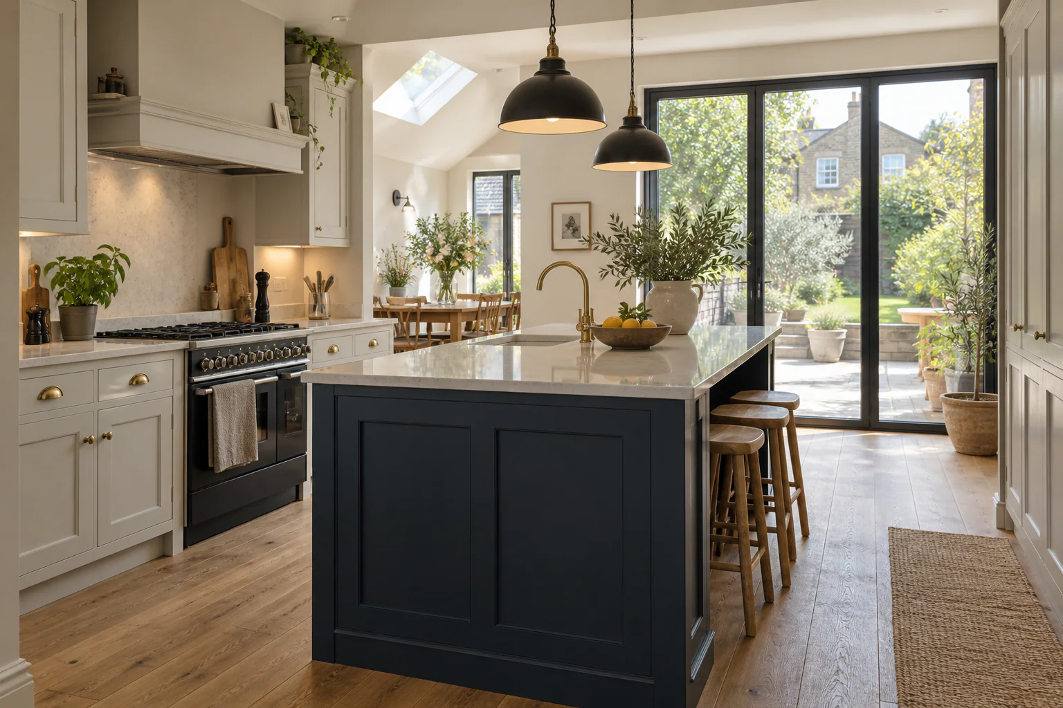 Newly fitted kitchen with island and pendant lighting