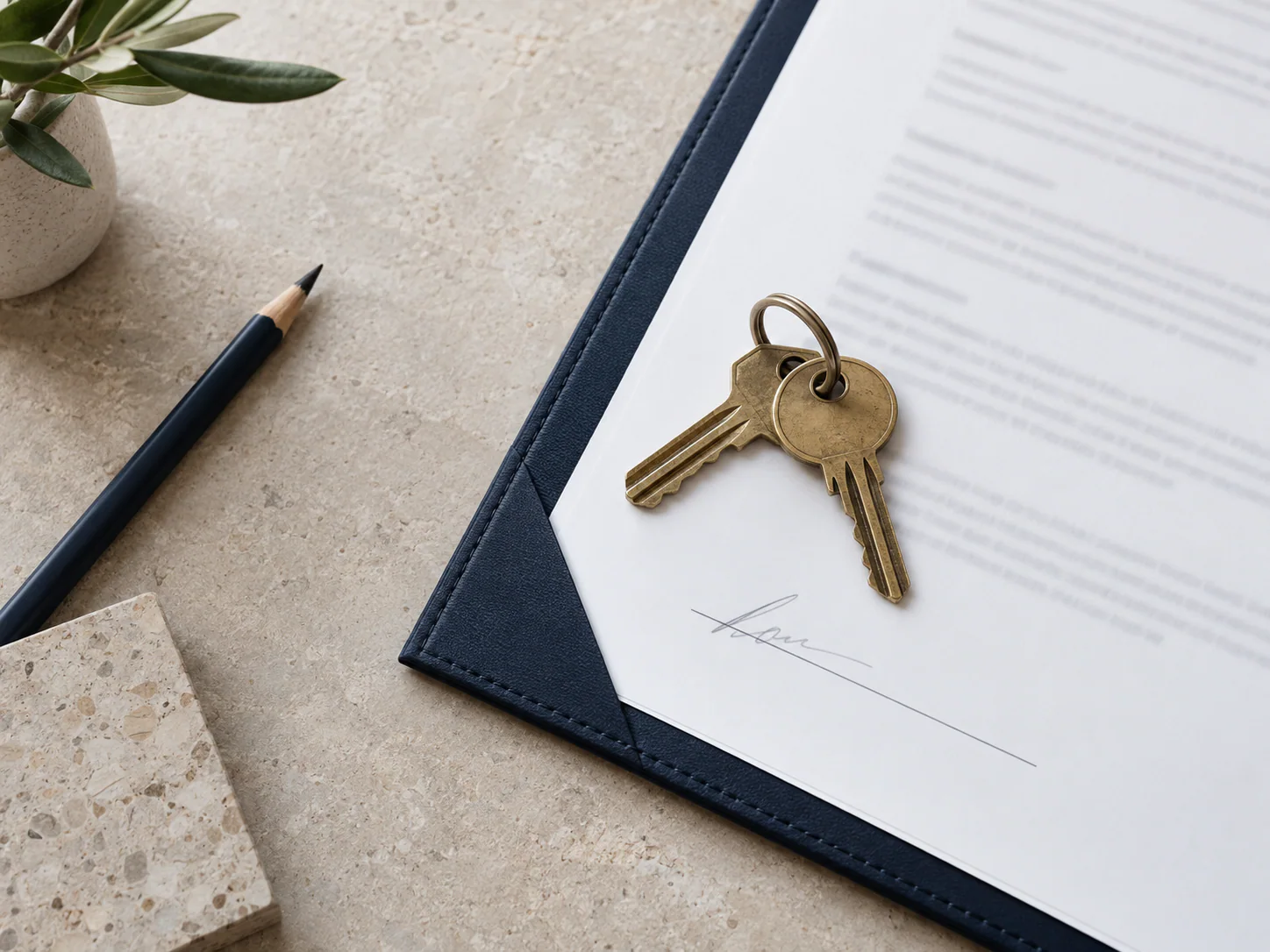 Signed guaranteed rent agreement with keys resting on top
