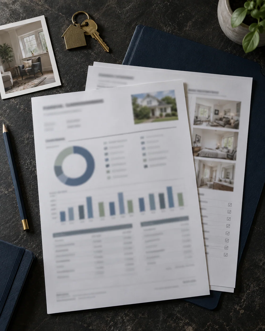 Monthly landlord statement and inspection report laid out on a desk